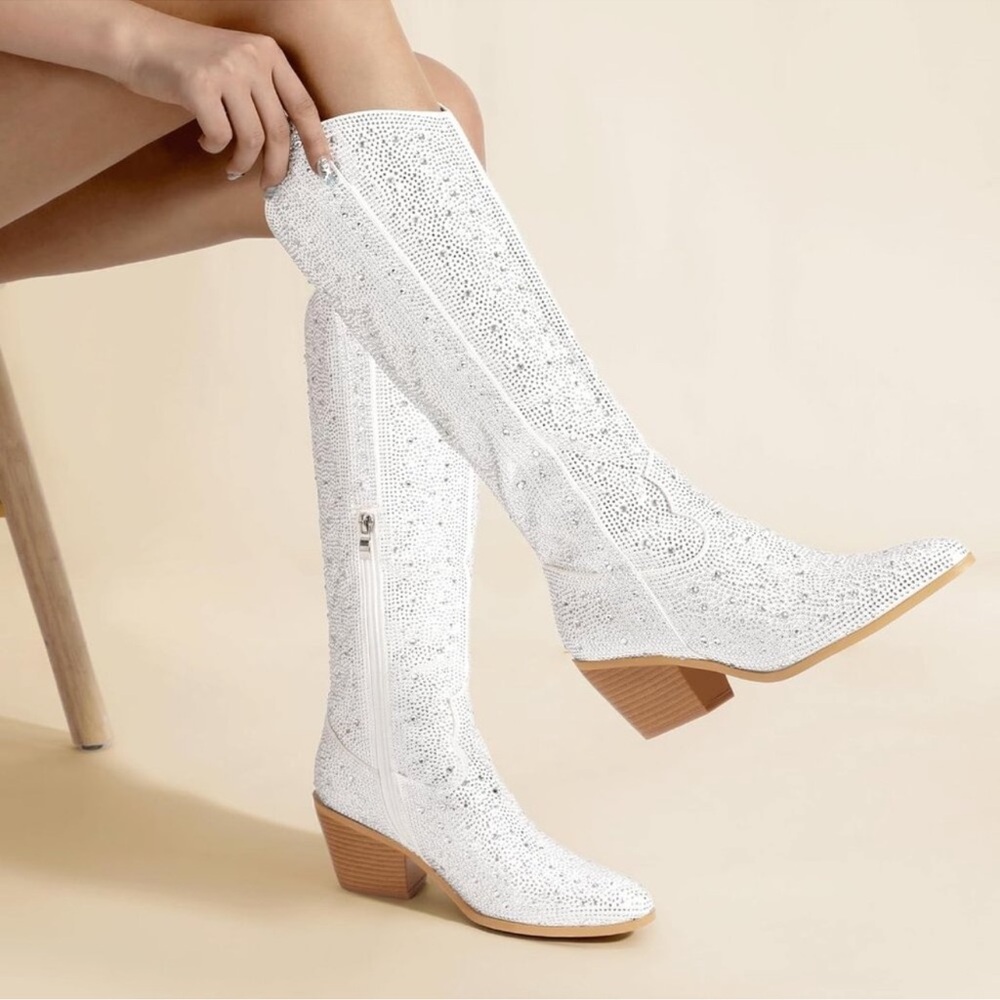 Women's White Rhinestone Cowboy Boot Knee High Western Cowgirl Boots Pointed Toe - Picture 2 of 6